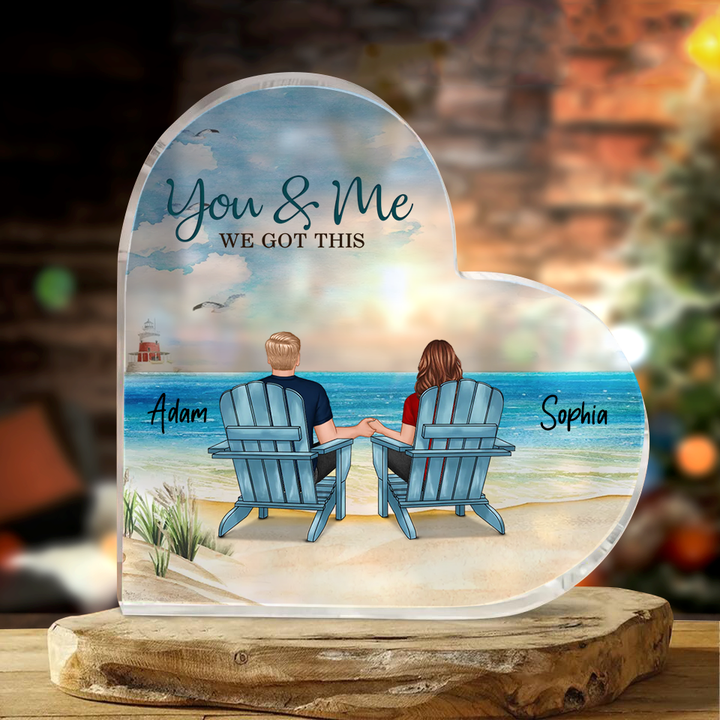 Back View Couple Sitting Beach Landscape Personalized Heart Acrylic Plaque