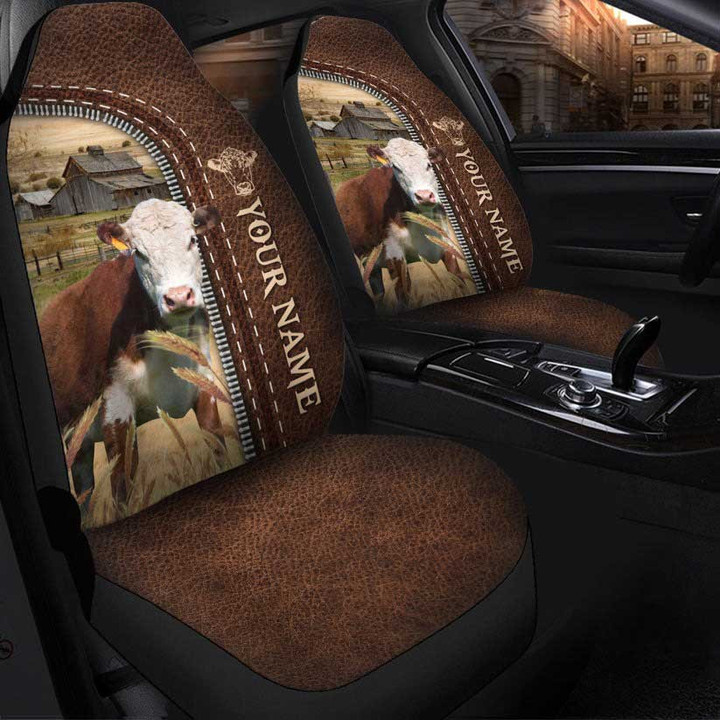 Hereford Personalized Name Leather Pattern Car Seat Covers Universal Fit Set 2 Gift For Cow Lover Farmer