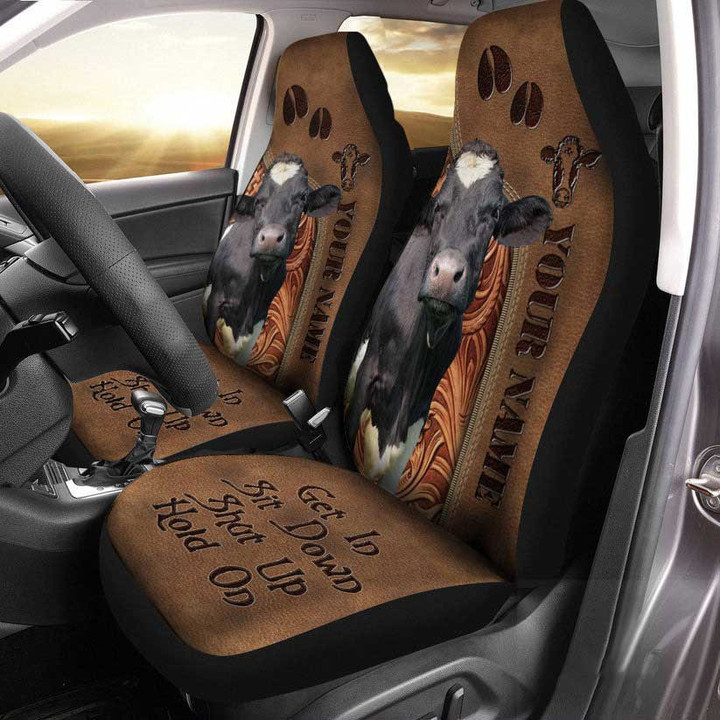 Holstein Leather Carving Customized Name Car Seat Cover Fit Set 2 Gift For Farmer Cow Lover