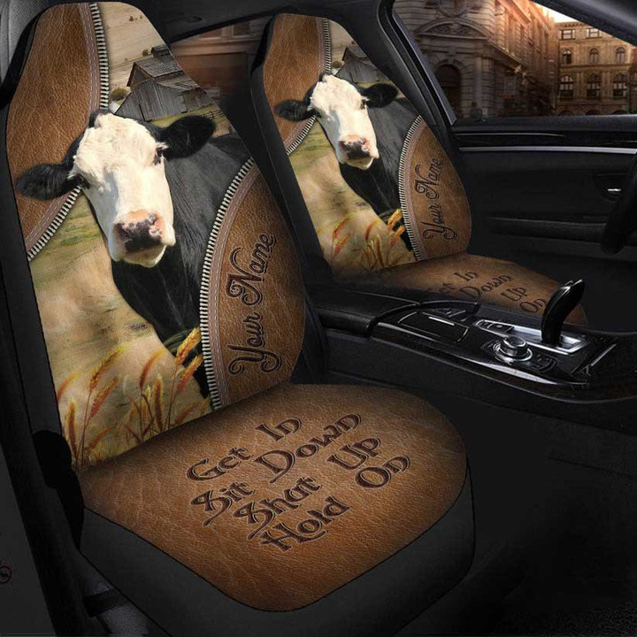 Black Baldy Customized Name Leather Pattern Car Seat Covers Universal Fit Set 2 Gift For Farmer Cow Lovers