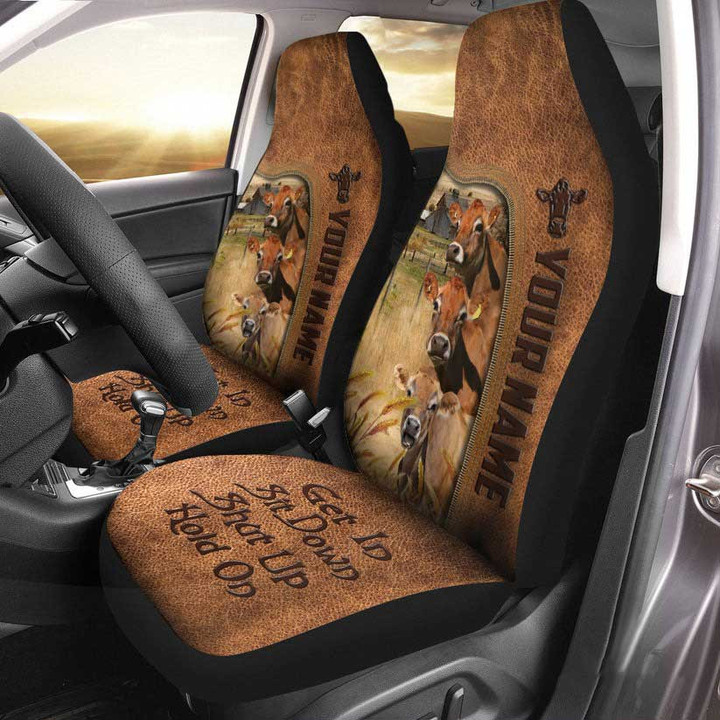Jersey Happiness Personalized Name Leather Pattern Car Seat Covers Universal Fit Set 2 Gift For Cow Lovers