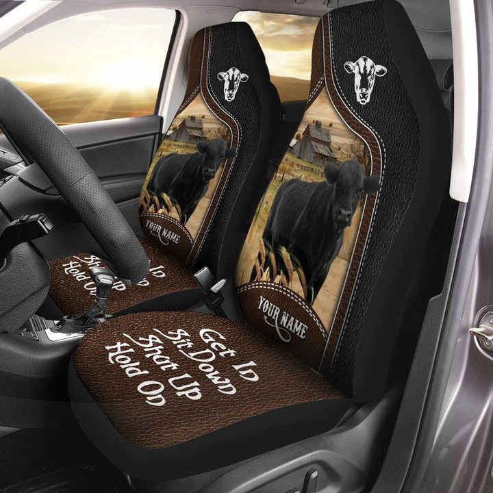 Black Angus Personalized Name Black And Brown Leather Pattern Car Seat Covers Universal Fit Set 2 Gift For Farmer