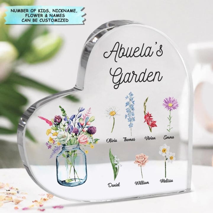Grandma's Garden Flower - Personalized Heart Shaped Acrylic Plaque - Gift For Mom & Grandma