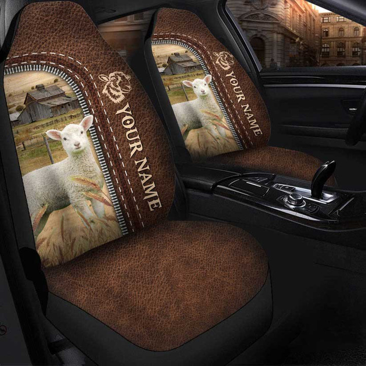 Lambs Personalized Name Leather Pattern Car Seat Covers Universal Fit Set 2 Gift For Farmer Dog Lovers