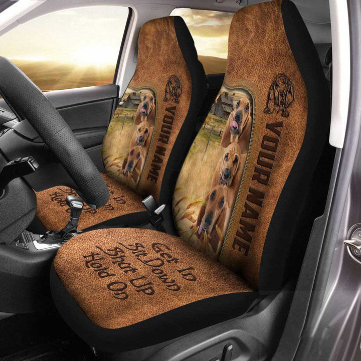 Bloodhound Personalized Name Leather Pattern Car Seat Covers Universal Fit Set 2 Gift For Farmer Dog Lovers