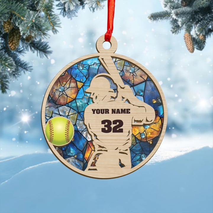 Personalized Softball Chritsmas Ornament, Custom Name and Number Suncatcher Gift For Softball Lovers