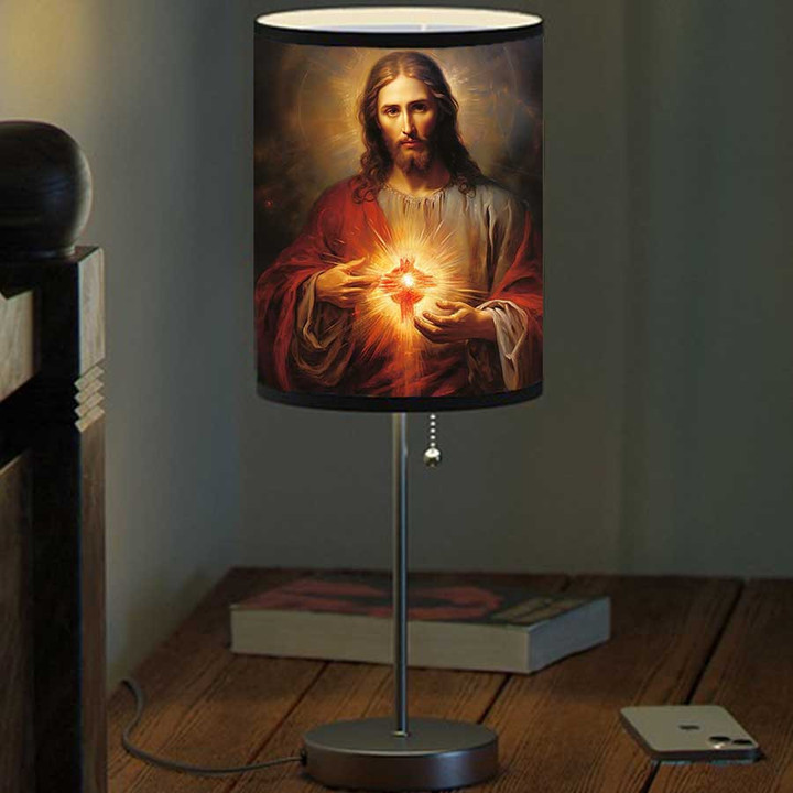 Sacred Heart of Jesus, Flaming Heart with God Table Lamp for Christian Bedroom Decor