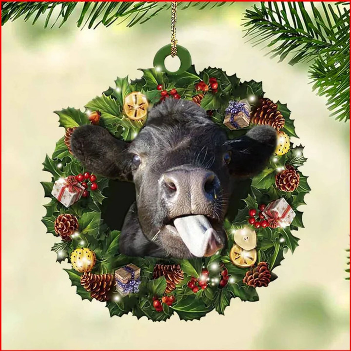 Funny Cow Laurel Wreath Christmas Acrylic Ornament For Xmas Decor, Christmas Gift For Cow Lovers, Farmer