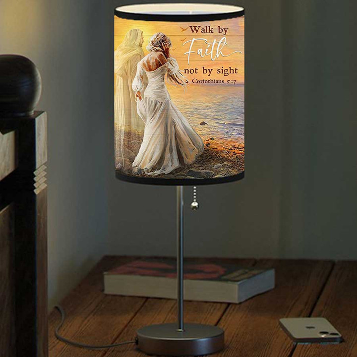 Beautiful Lady Walking with Jesus Sea sunset Table Lamp for Bedroom, Daughter Woman Bedroom Lamp