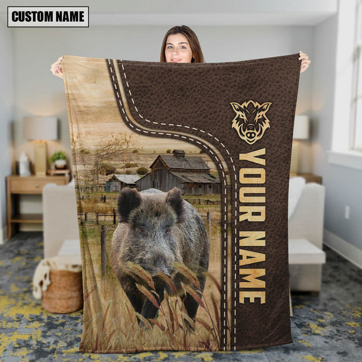 Personalized Name Hogs Leather Pattern Blanket Farmhouse Fleece Sherpa Blanket