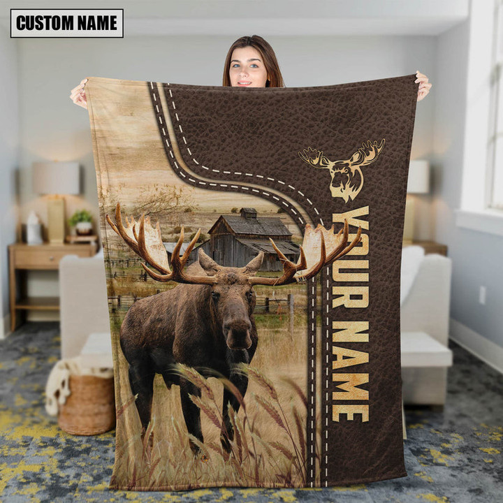 Personalized Name Moose Leather Pattern Blanket for Moose Lovers
