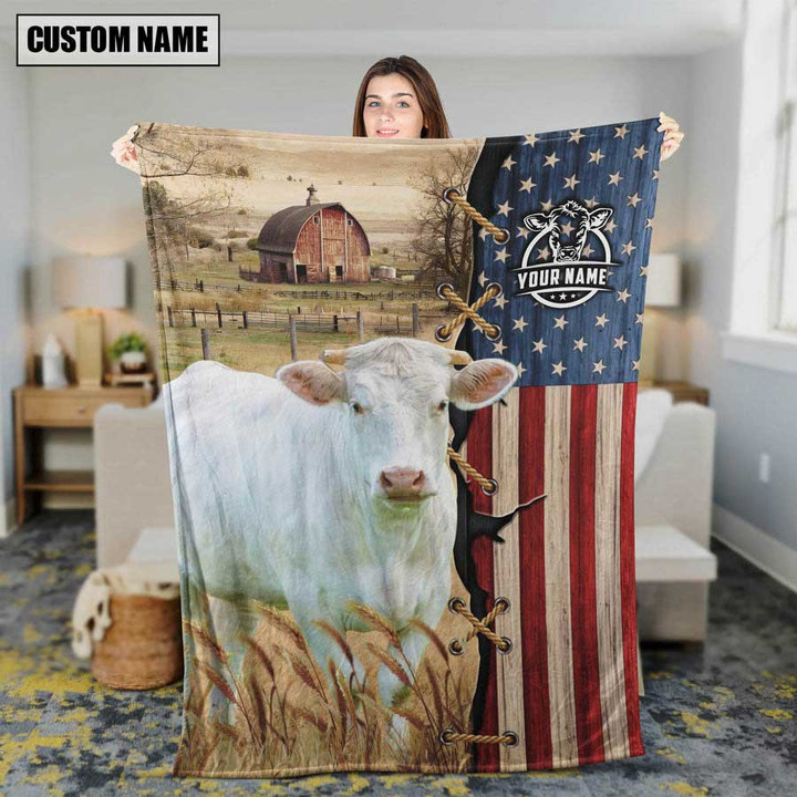Personalized Name Charolais American Flag Vintage Blanket for Farmers, Farmhouse Blanket for Husband