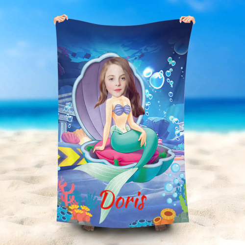 Custom Face Photo Beach Towel for Girl, Kids Mermaid In Tridacna Beach Towel
