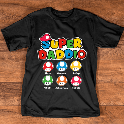 Personalized Super Daddio Shirt, Mario Daddy Gift For Dad, Customized Father Shirt With Kid Names