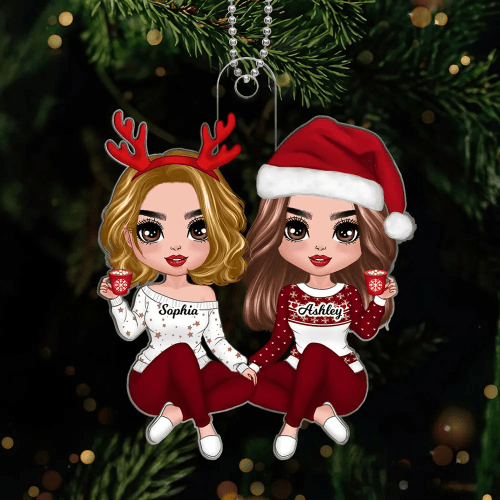 Red Clothes Doll Besties Sisters Sitting Christmas Gift For Best Friends Personalized Acrylic Ornament