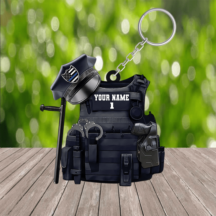 Personalized Police Keychain, Custom Name Police Vest Full Set, Baton/Tonfa & Gun Flat Keychain