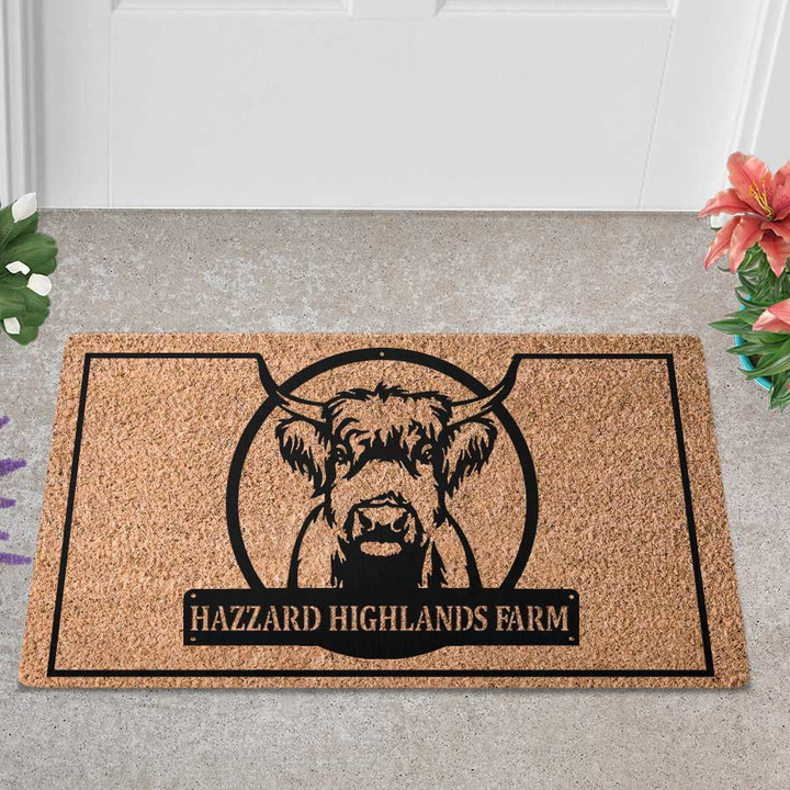 Personalized Highland Cow Farmhouse Outdoor Doormat, Custom Name Coir Doormat Indoor for Farmers
