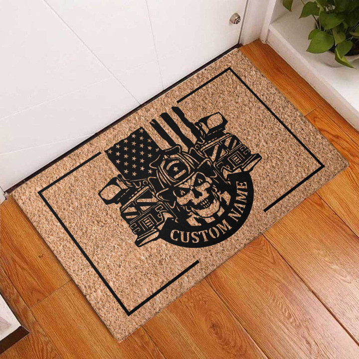 Custom Skull Firefighter Doormat, Personalized Gift For Firefighter, Skull Doormat For Inside Or Outside Decor