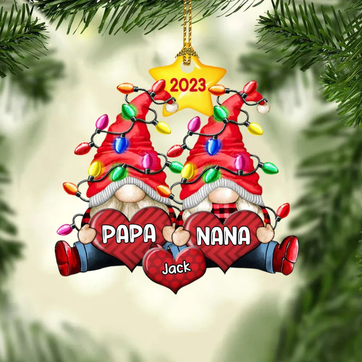 2023 Colorful Christmas Light Gnome Couple Papa Grandma Daddy Sweet Heart Kids Personalized Acrylic Ornament