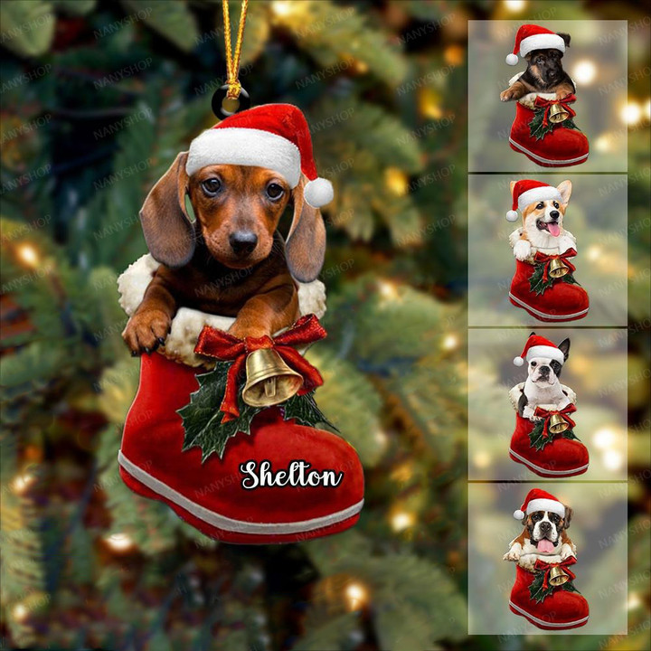Personalized Dog in Santa Boot Christmas Two Sided Ornament, Gift for Dog Lovers Dog Tree Decor