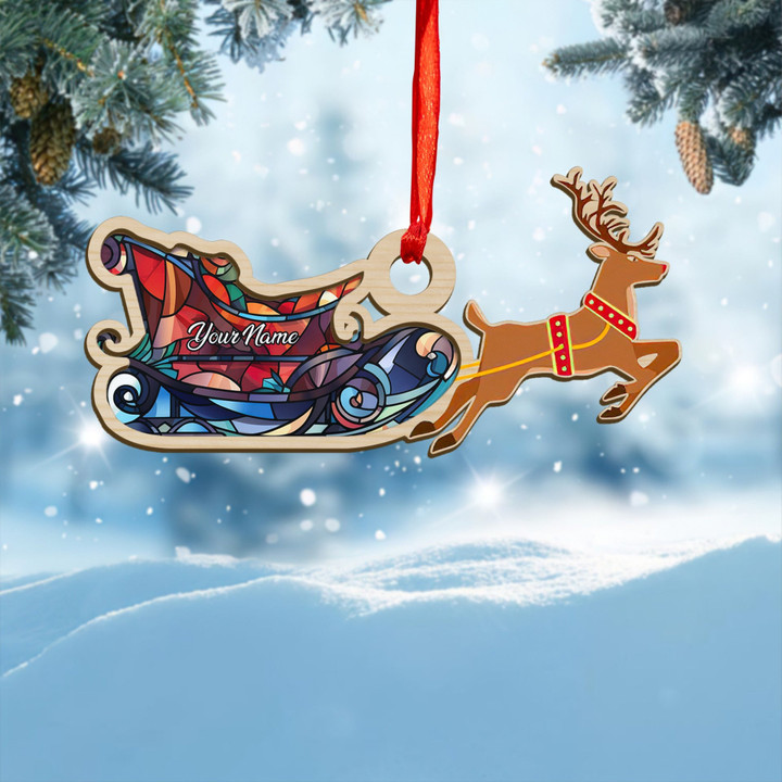 Personalized Reindeer Cart Suncatcher Christmas Ornament, Customize Reindeer Baby First Christmas Ornament