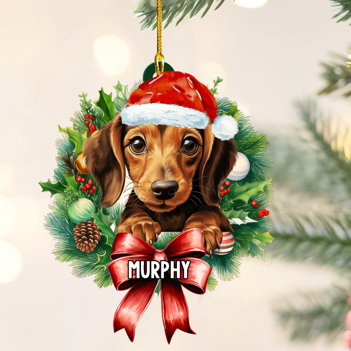 Personalized Dachshund Christmas Wreath Ornament, Gift for Dog Lovers Flat Acrylic Ornament
