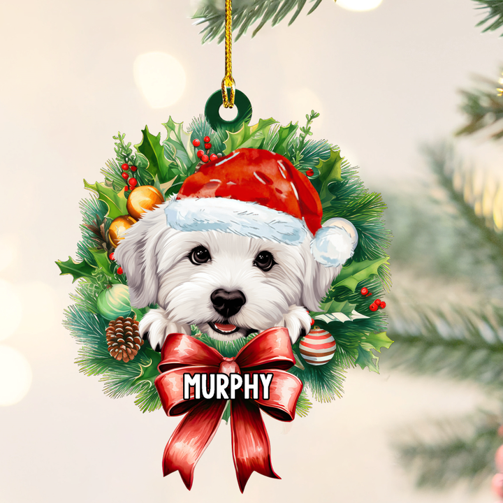 Personalized Coton De Tulear Christmas Wreath Ornament, Gift for Dog Lovers Flat Acrylic Ornament