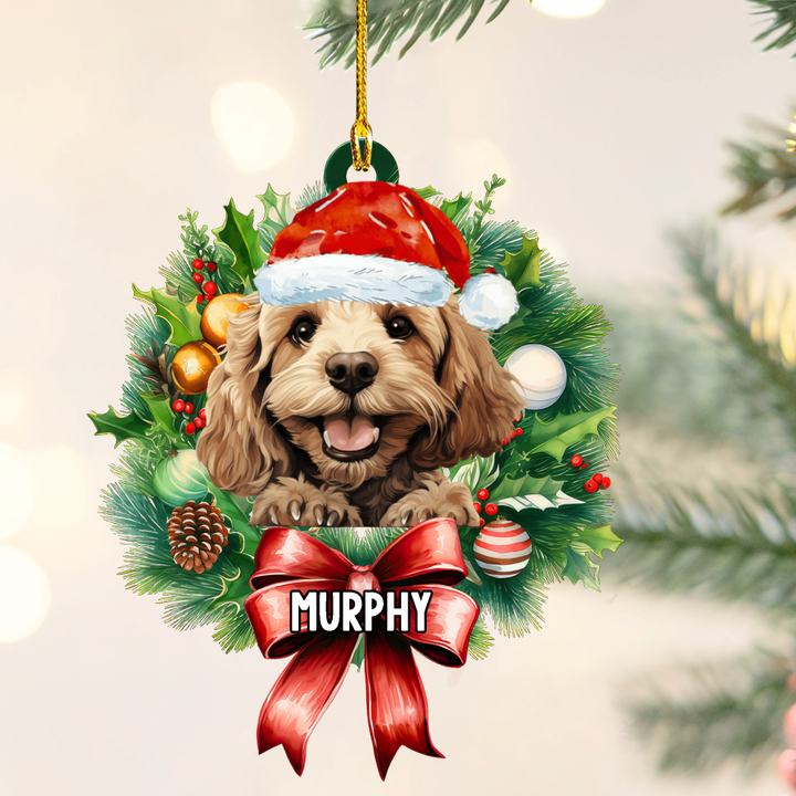 Personalized Cockapoo Christmas Wreath Ornament, Gift for Dog Lovers Flat Acrylic Ornament