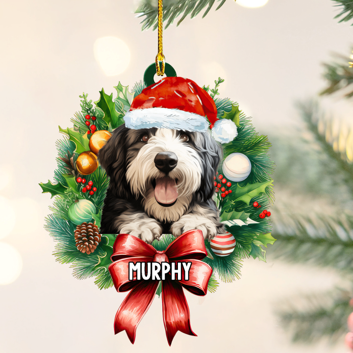 Personalized Old English Sheepdog Christmas Wreath Ornament, Gift for Dog Lovers Flat Acrylic Ornament