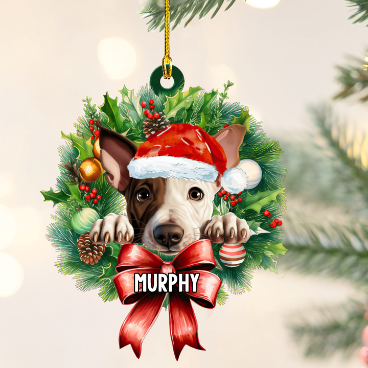 Personalized Miniature Bull Terrier Christmas Wreath Ornament, Gift for Dog Lovers Flat Acrylic Ornament