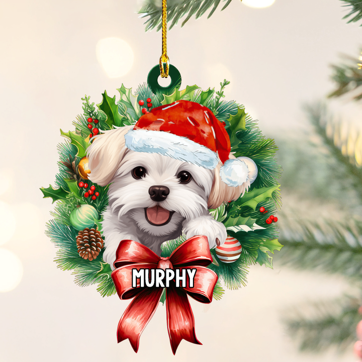 Personalized Maltese Christmas Wreath Ornament, Gift for Dog Lovers Flat Acrylic Ornament