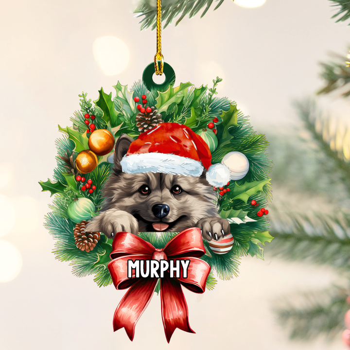 Personalized Keeshond Christmas Wreath Ornament, Gift for Dog Lovers Flat Acrylic Ornament