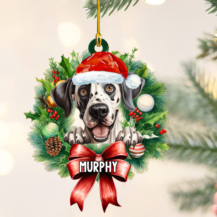 Personalized Great Dane Christmas Wreath Ornament, Gift for Dog Lovers Flat Acrylic Ornament