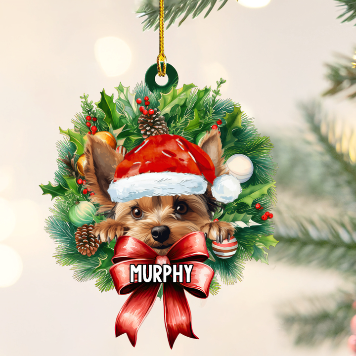Personalized Yorkshire Terrier Christmas Wreath Ornament, Gift for Dog Lovers Flat Acrylic Ornament