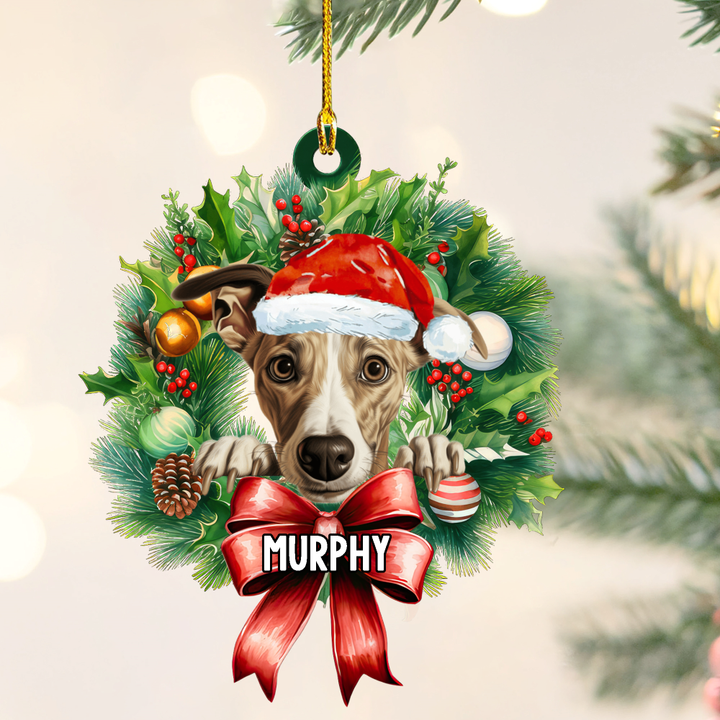 Personalized Whippet Christmas Wreath Ornament, Gift for Dog Lovers Flat Acrylic Ornament