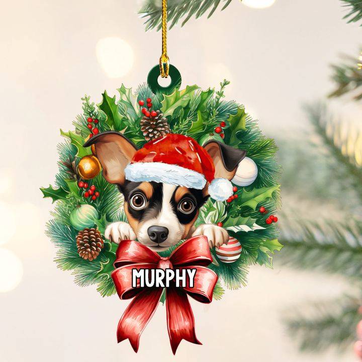 Personalized Toy Fox Terrier Christmas Wreath Ornament, Gift for Dog Lovers Flat Acrylic Ornament