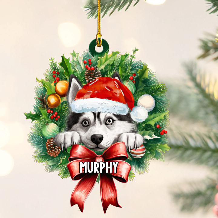 Personalized Siberian Husky Christmas Wreath Ornament, Gift for Dog Lovers Flat Acrylic Ornament