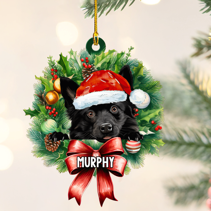 Personalized Schipperke Christmas Wreath Ornament, Gift for Dog Lovers Flat Acrylic Ornament