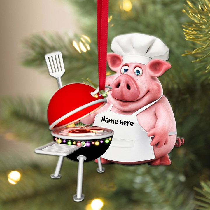 Funny Grill Pig Chef Grilling BBQ Christmas Ornament, Custom Pig Flat Acrylic Ornament Gift For Pig Lover