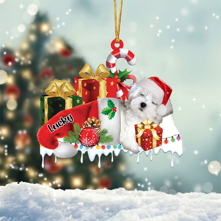 Maltese Sleeping On Gift Boxes Merry Christmas Flat Acrylic Ornament, Christmas Gift for Dog Lovers