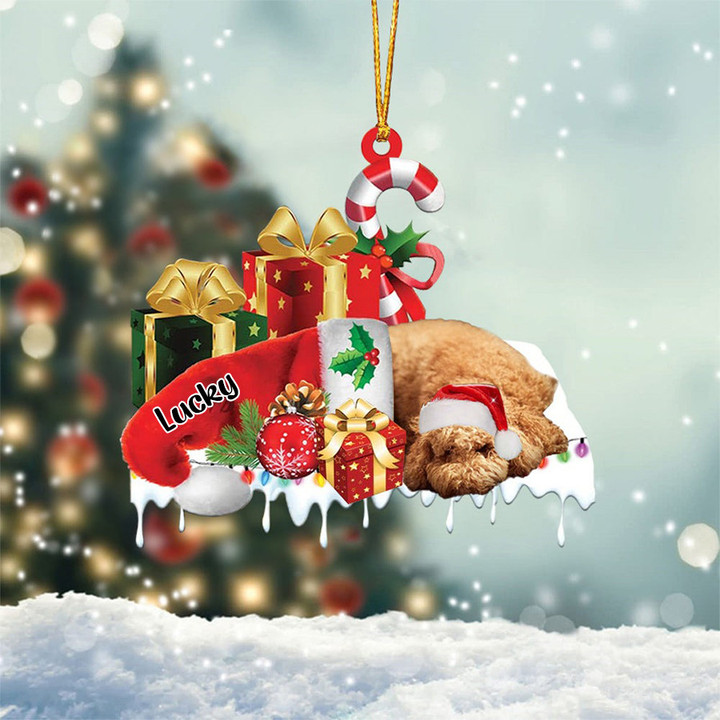 Poodle Sleeping On Gift Boxes Merry Christmas Flat Acrylic Ornament, Christmas Gift for Dog Lovers