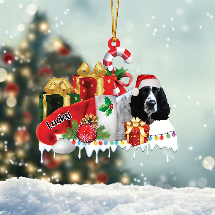 Black And White English Springer Sleeping On Gift Boxes Merry Christmas Flat Acrylic Ornament, Gift for Dog Lovers