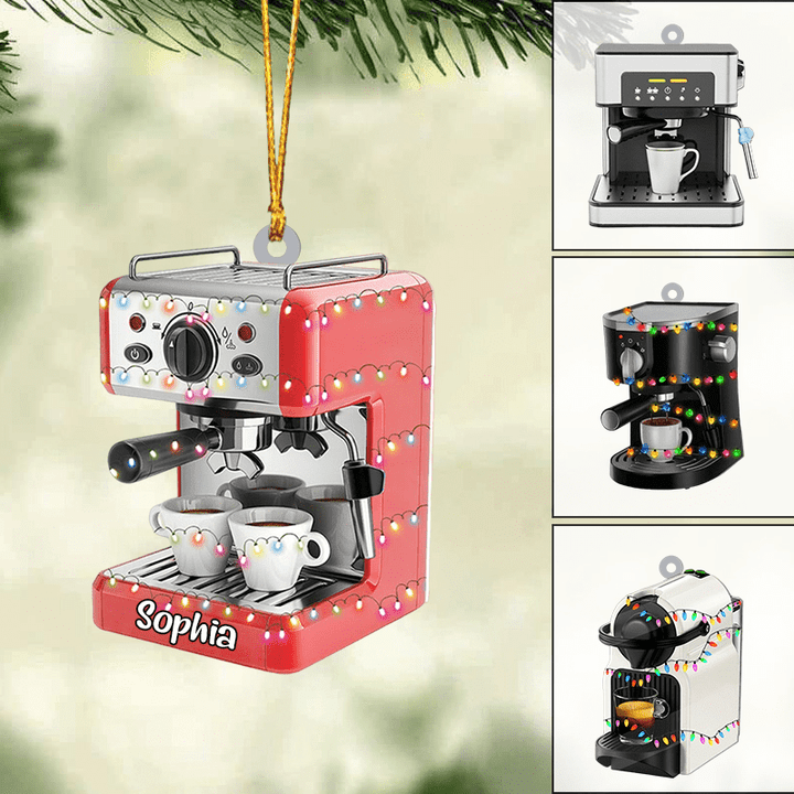 Personalized Coffee Machine Christmas Ornament, Custom Name Flat Acrylic Ornament, Gift For Coffee Lovers