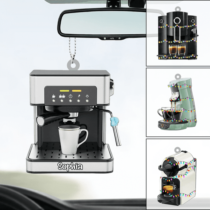 Personalized Coffee Machine Ornament For Car Decor, Custom Name Flat Acrylic Ornament, Gift For Coffee Lovers