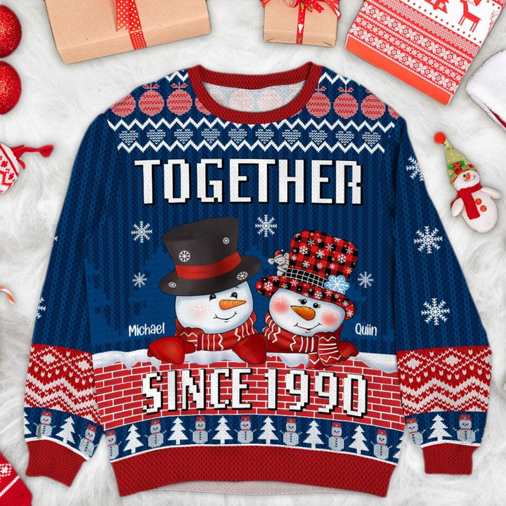 Personalized Name Couple Snowman Ugly Sweater Xmas, Together Since Custom Ugly Sweatshirt Gift For Couple