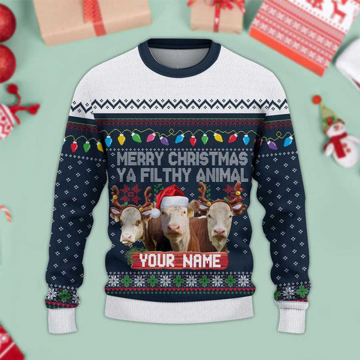 Hereford Merry Christmas Ugly Sweater Xmas, Custom Cow Ugly Sweatshirt Gift For Farmer Cow Lover