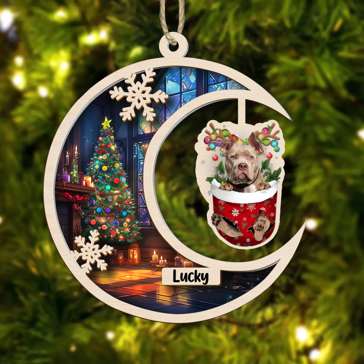 Personalized American Bully In Snow Pocket Christmas Suncatcher Ornament, Custom Dog Breeds, Gift For Dog Lovers