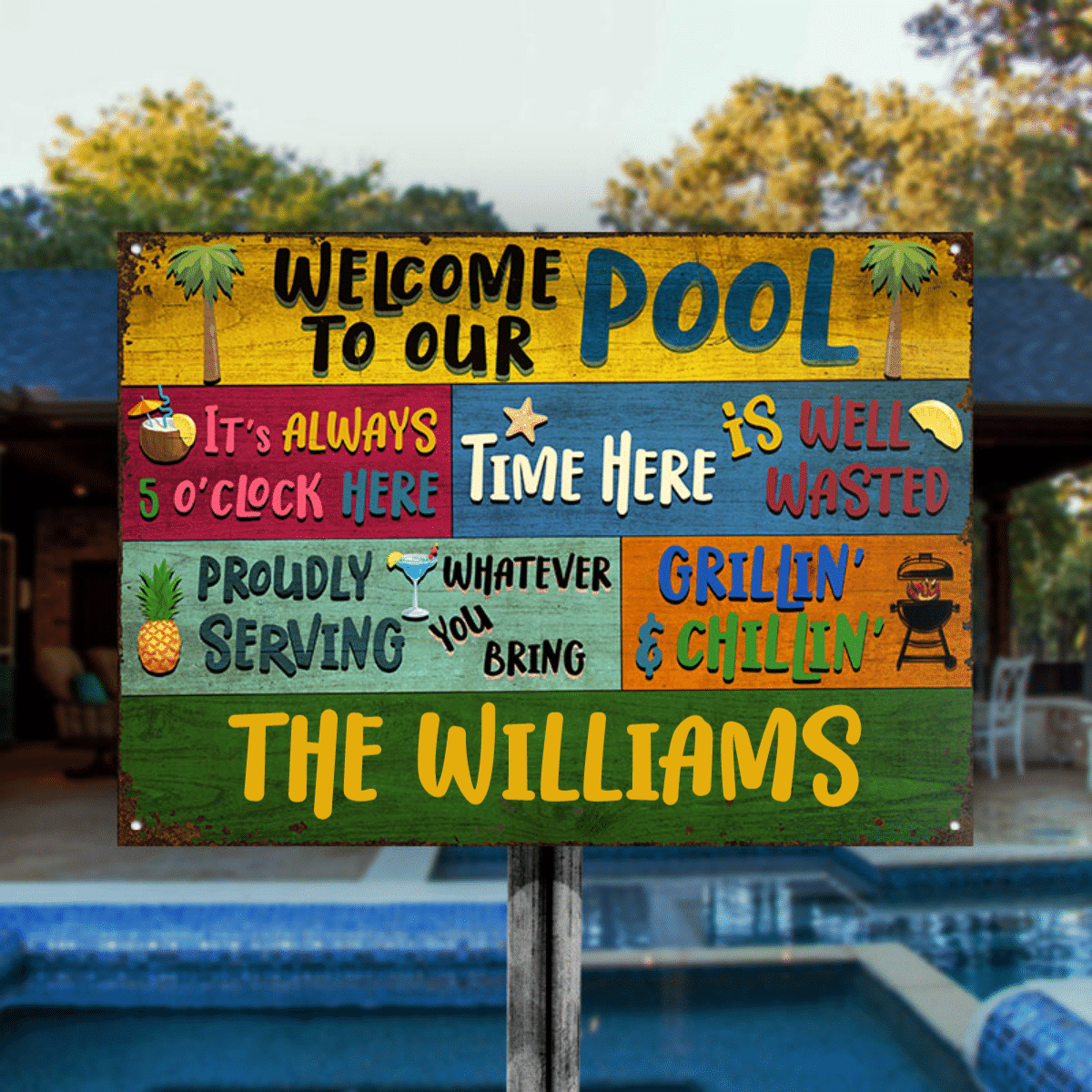 Personalized Swimming Pool Sign, Welcome To Our Pool Custom Vintage Me ...