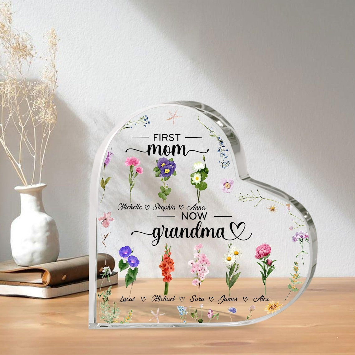 Personalized First Mom, Now Grandma Heart Acrylic Plaque, Birth Month ...