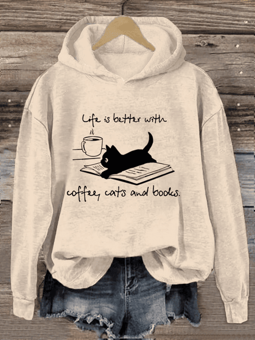 🐈 Coffee Cat And Book Print Women's Hoodie